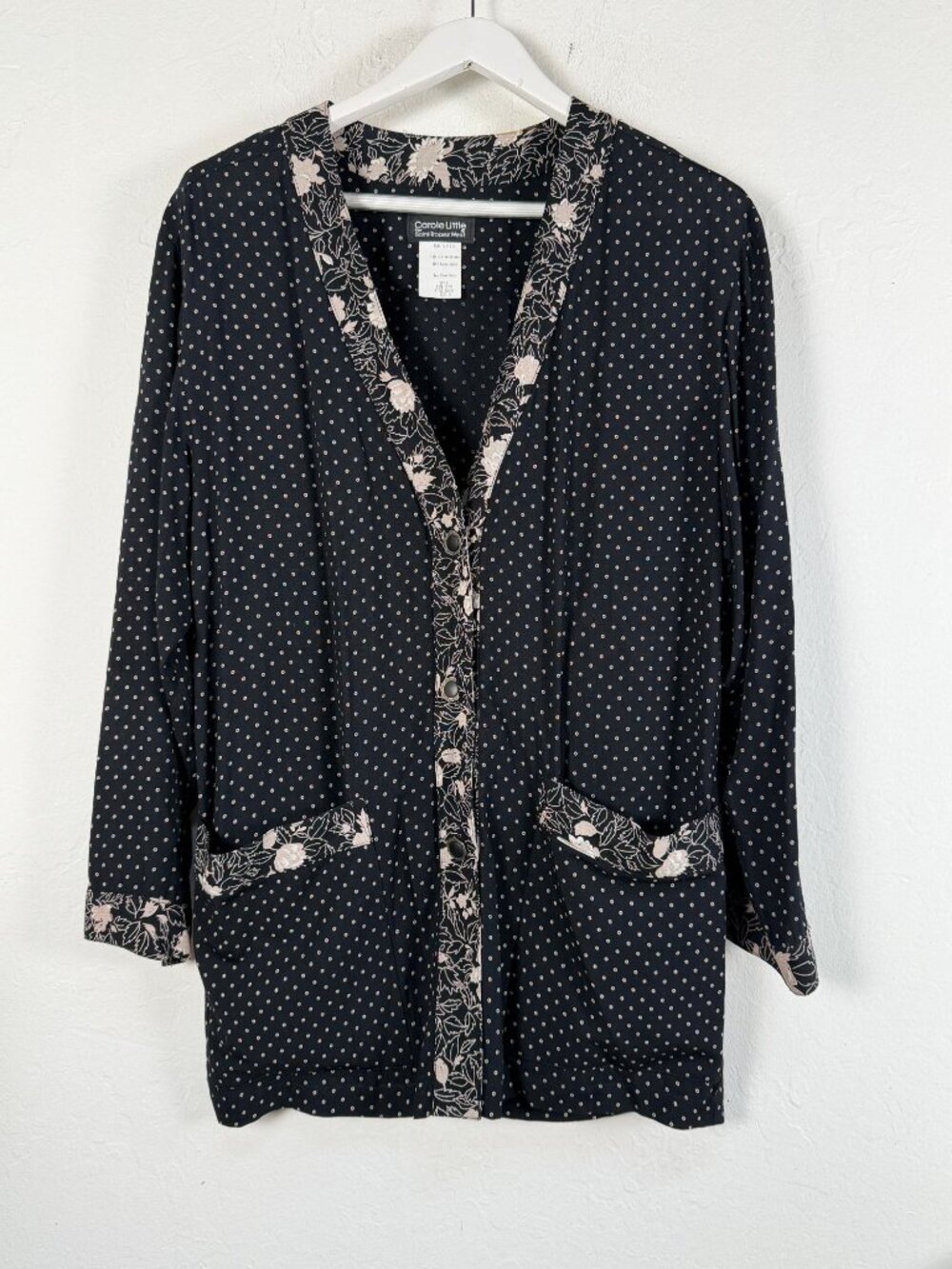 Vintage Carole Little Saint-Tropez West Polka Dot Floral Trim Cardigan Sz 8 USA